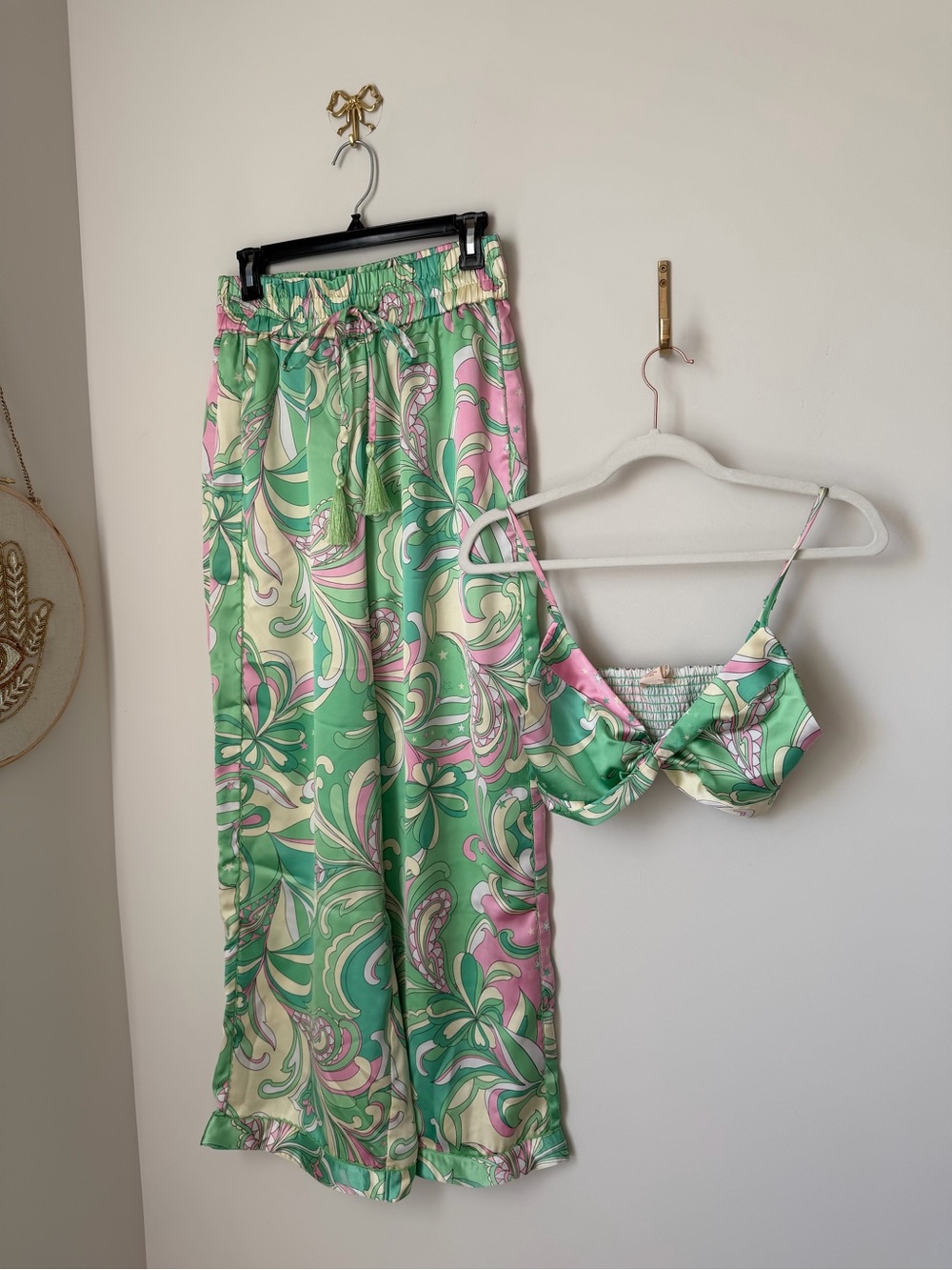 Viral Camila Coelho Green & Pink Swirl Pucci Satin Two-Piece wide leg pant Set